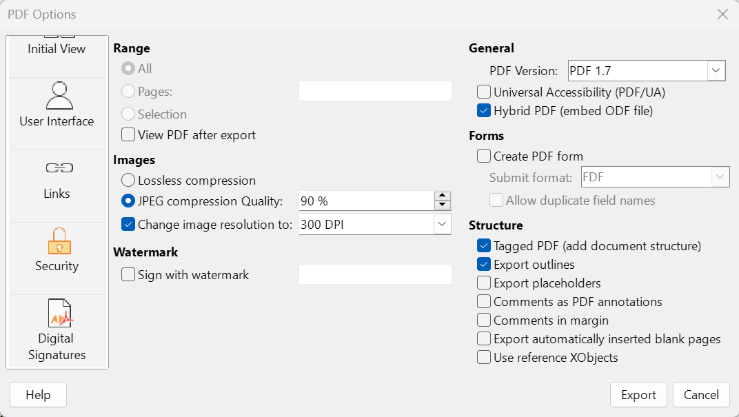 Dialog PDF Options mit aktivierter Option Hybrid PDF (embed ODF file).