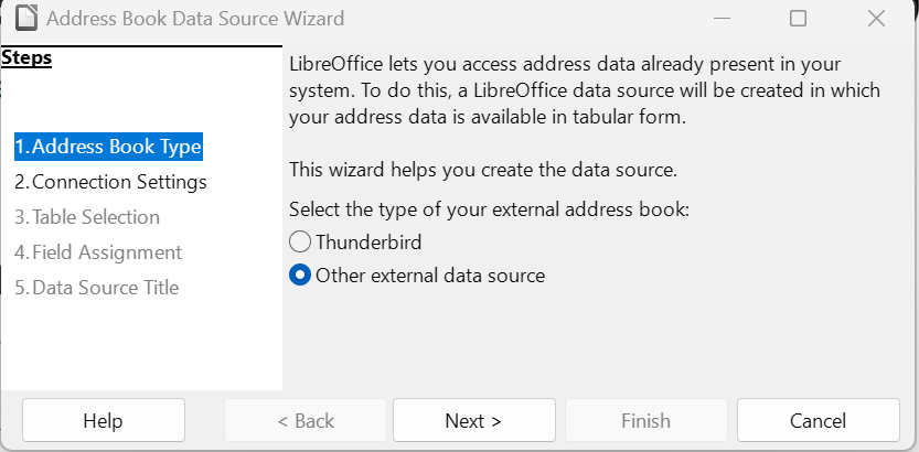 Adressdatenquellen-Assistent mit ausgewählter Option Other external data source.